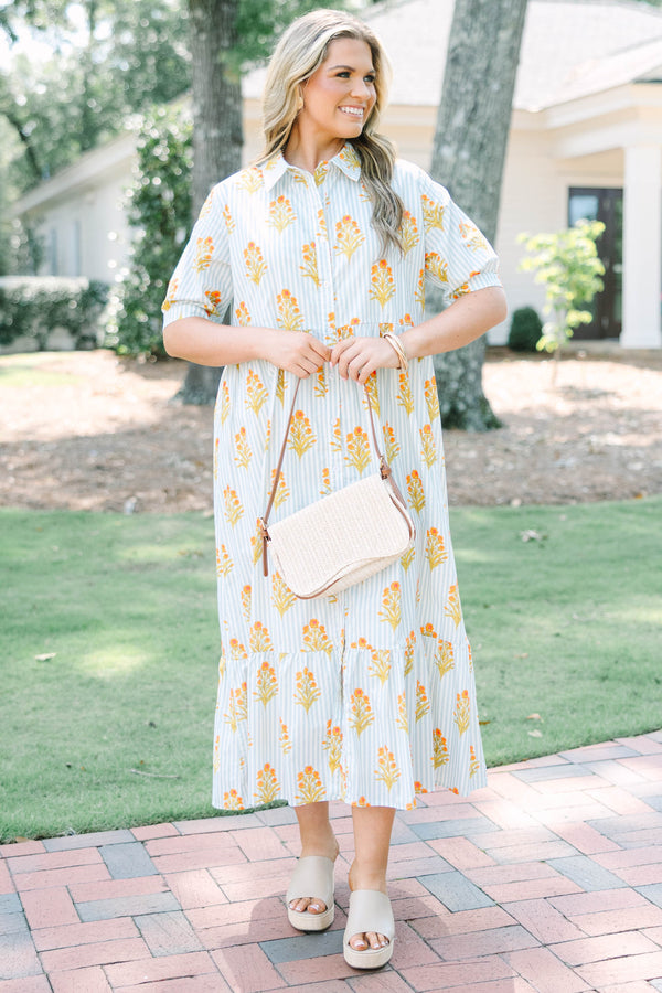 Plus Size baby blue striped midi dress with orange floral block print, collar, and button front.