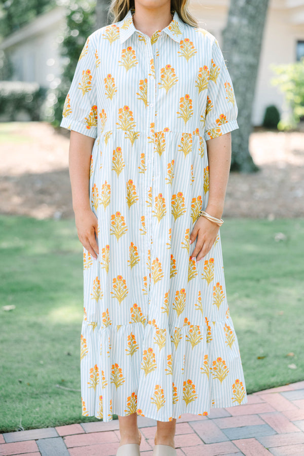 Plus Size baby blue striped midi dress with orange floral block print, collar, and button front.