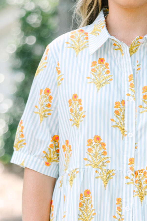 Plus Size baby blue striped midi dress with orange floral block print, collar, and button front.