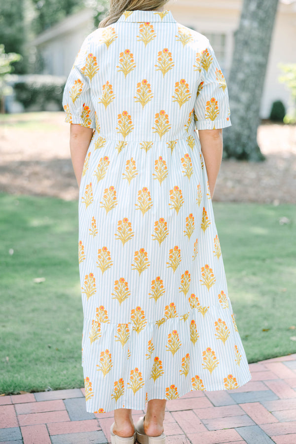 Plus Size baby blue striped midi dress with orange floral block print, collar, and button front.