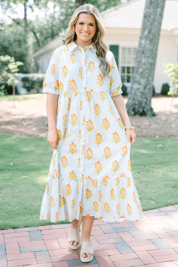 Plus Size baby blue striped midi dress with orange floral block print, collar, and button front.