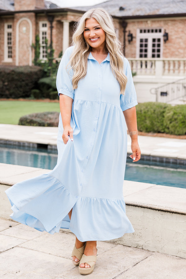 Chic Soul plus size clothing, light blue flowy maxi dress with button detailing