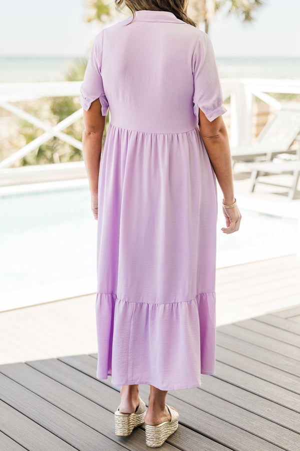 Chic Soul plus size clothing, short-sleeve cuffed collared and button-down lavender purple ruffled baby doll midi dress 
