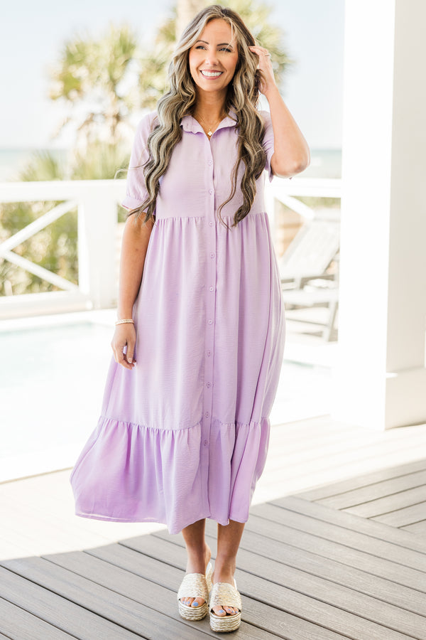 Chic Soul plus size clothing, short-sleeve cuffed collared and button-down lavender purple ruffled baby doll midi dress 