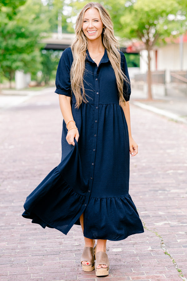 Chic Soul plus size clothing, navy blue short sleeve collared button-up maxi dress