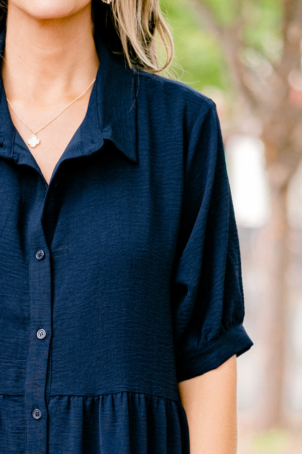 Chic Soul plus size clothing, navy blue short sleeve collared button-up maxi dress