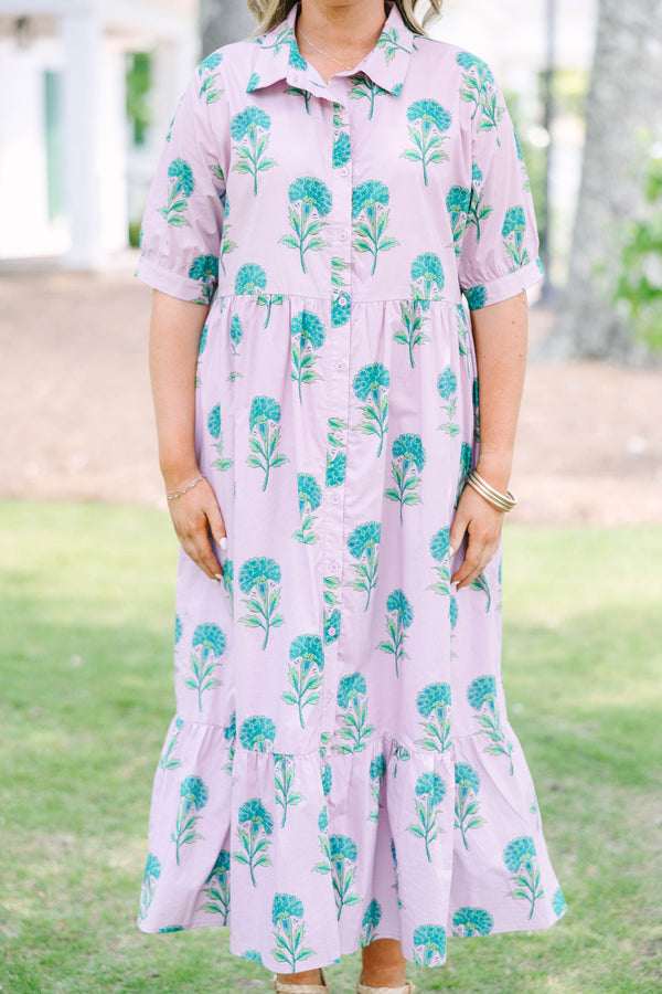 Plus Size light pink midi dress with a green floral print, button-up front, and tiered skirt.