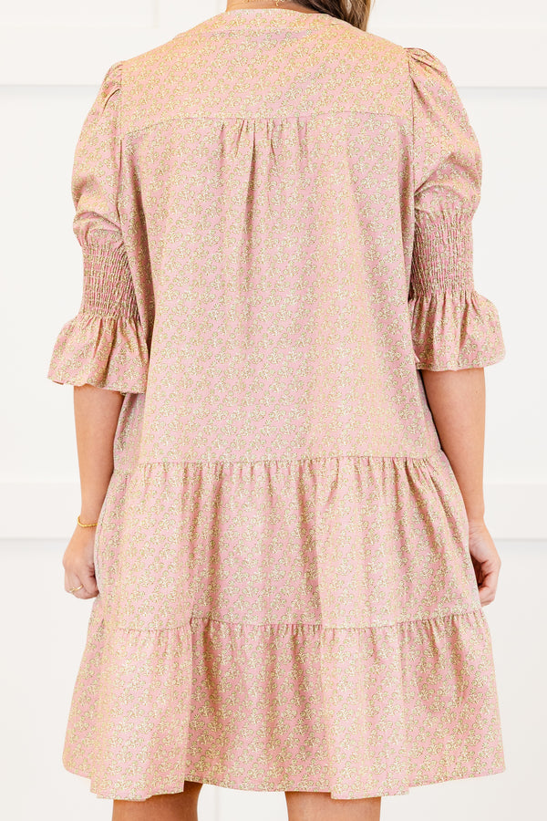 Chic Soul plus size clothing, light pink small floral print mini dress with short sleeves with v cutout along neckline with smock detail on sleeves with tiered detail
