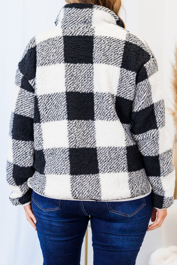 Chic Soul plus size clothing, long-sleeve white black quarter-zip collared sherpa pullover top with plaid pattern 