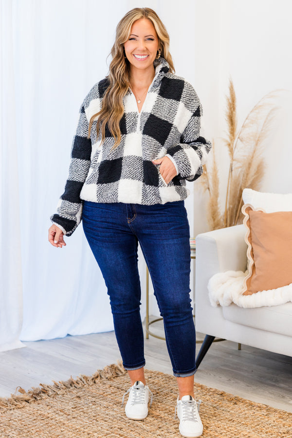Chic Soul plus size clothing, long-sleeve white black quarter-zip collared sherpa pullover top with plaid pattern 