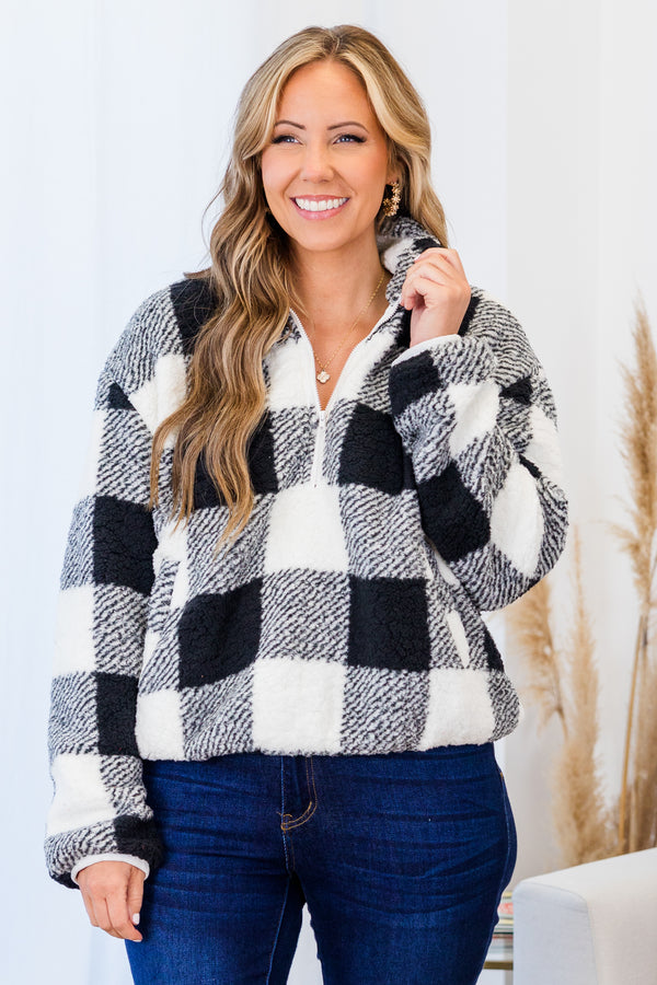  Chic Soul plus size clothing, long-sleeve white black quarter-zip collared sherpa pullover top with plaid pattern 