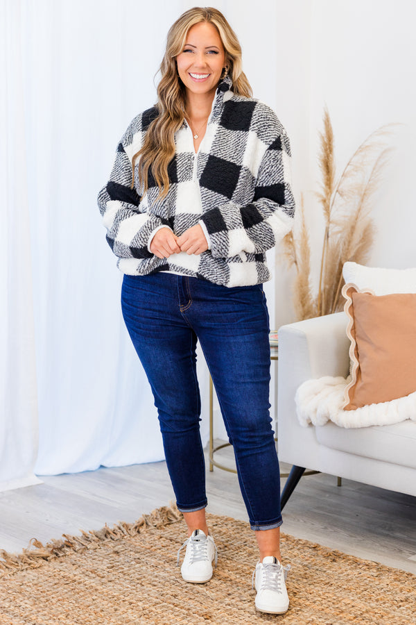 Chic Soul plus size clothing, long-sleeve white black quarter-zip collared sherpa pullover top with plaid pattern 