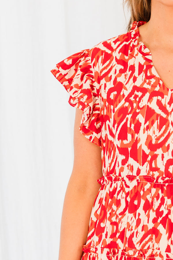 Chic Soul plus size clothing, red abstract print mini dress with short sleeves and v neckline with ruffles along sleeves