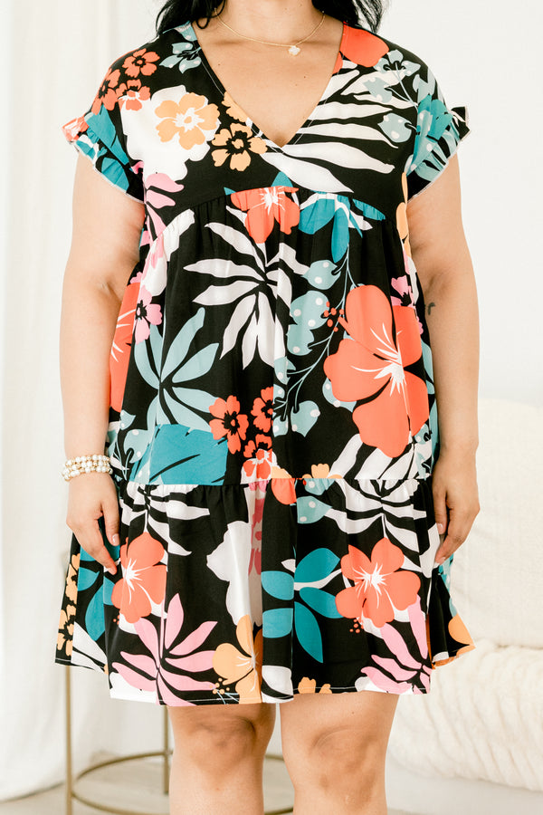 Chic Soul plus size clothing, black flutter sleeve casual v-neck dress with orange and turquoise floral pattern