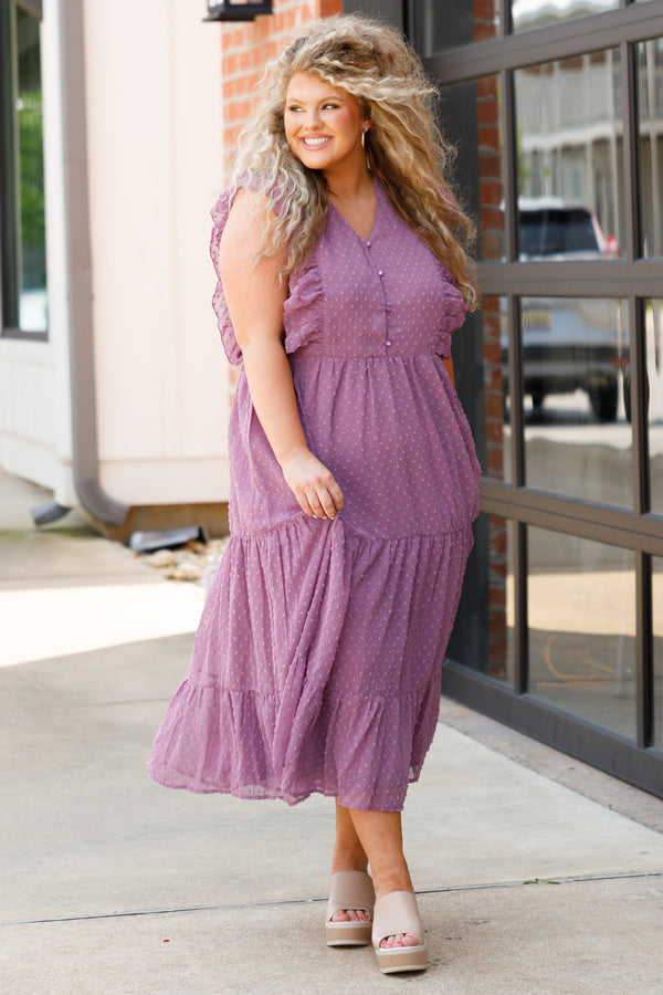 Chic Soul plus size clothing, purple swiss dotted tiered flowy midi dress with ruffle details