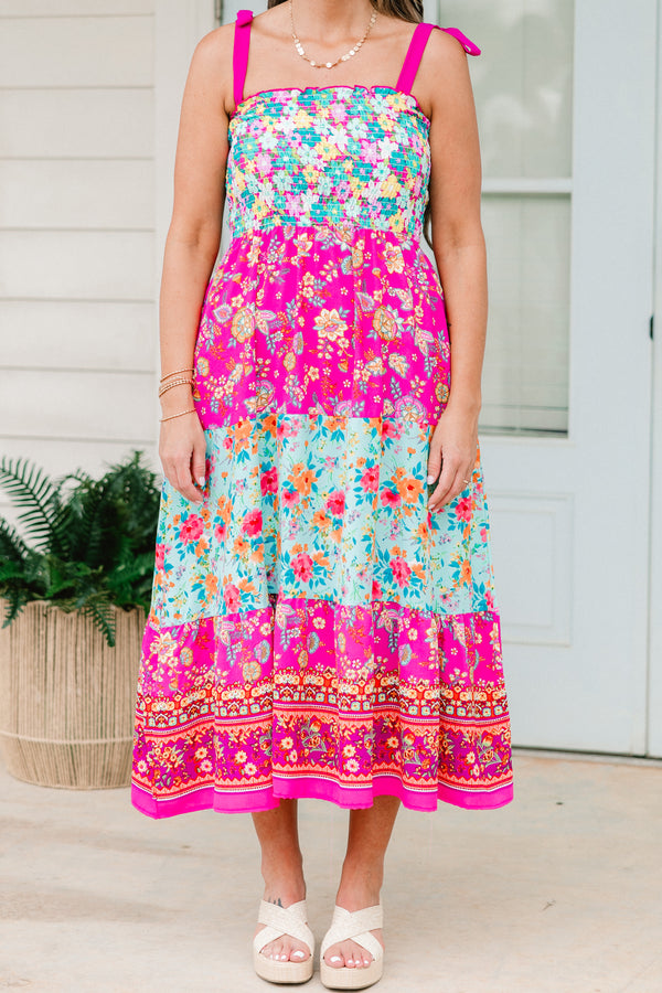 Chic Soul plus size clothing, fuchsia sleeveless tiered midi dress with pink tie straps with square neckline with blue floral print on top and third tier with pink floral print on second and bottom tier