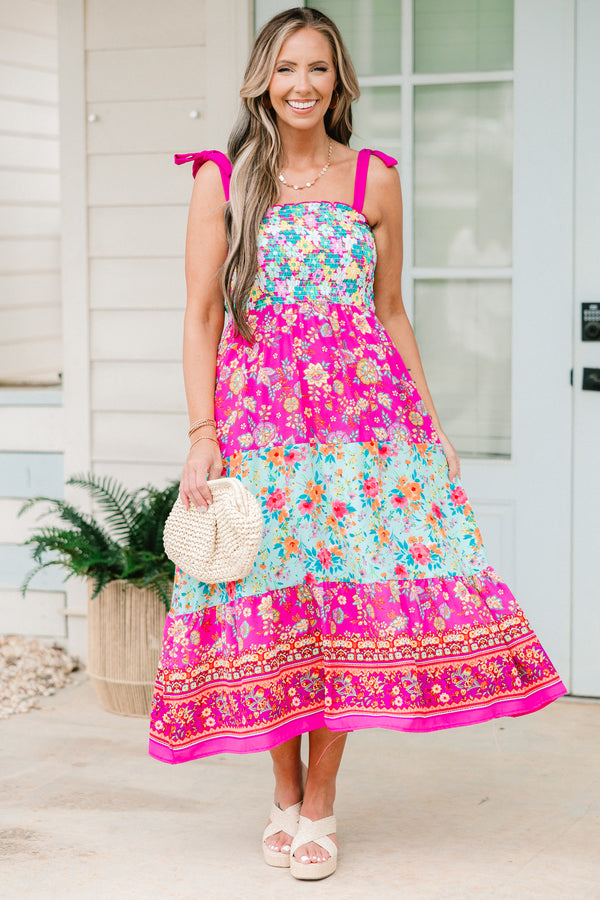 Chic Soul plus size clothing, fuchsia sleeveless tiered midi dress with pink tie straps with square neckline with blue floral print on top and third tier with pink floral print on second and bottom tier