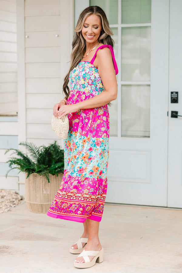 Chic Soul plus size clothing, fuchsia sleeveless tiered midi dress with pink tie straps with square neckline with blue floral print on top and third tier with pink floral print on second and bottom tier