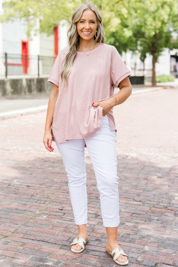 Chic Soul plus size clothing, solid rose colored short sleeve casual top with cuffs at the end of each sleeve 