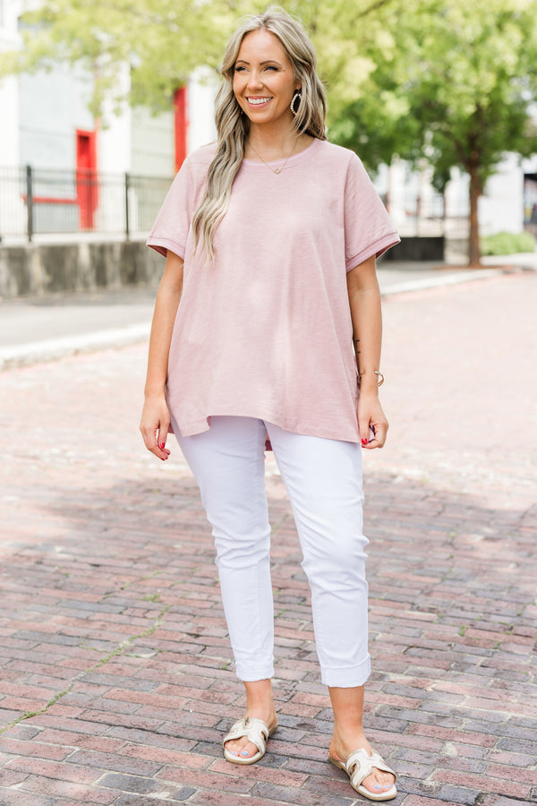 Chic Soul plus size clothing, solid rose colored short sleeve casual top with cuffs at the end of each sleeve 