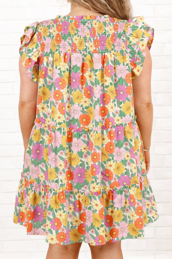 Chic Soul plus size clothing, pink mix floral babydoll dress with flutter sleeves