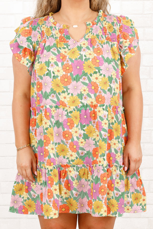 Chic Soul plus size clothing, pink mix floral babydoll dress with flutter sleeves