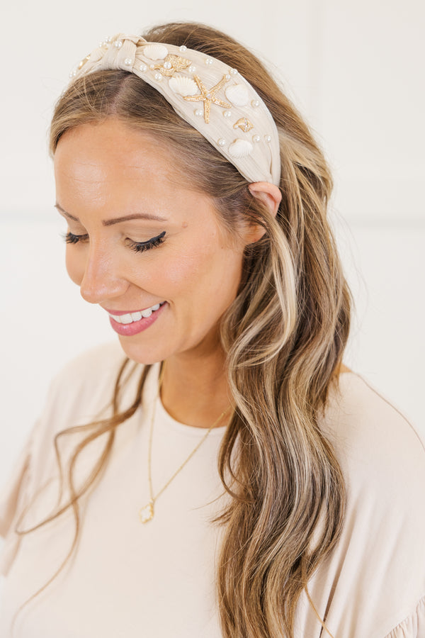 Chic Soul plus size clothing, chunky natural cream headband with a knot in the middle and embroidered with pearls, seashells, and gold accents of sea life 