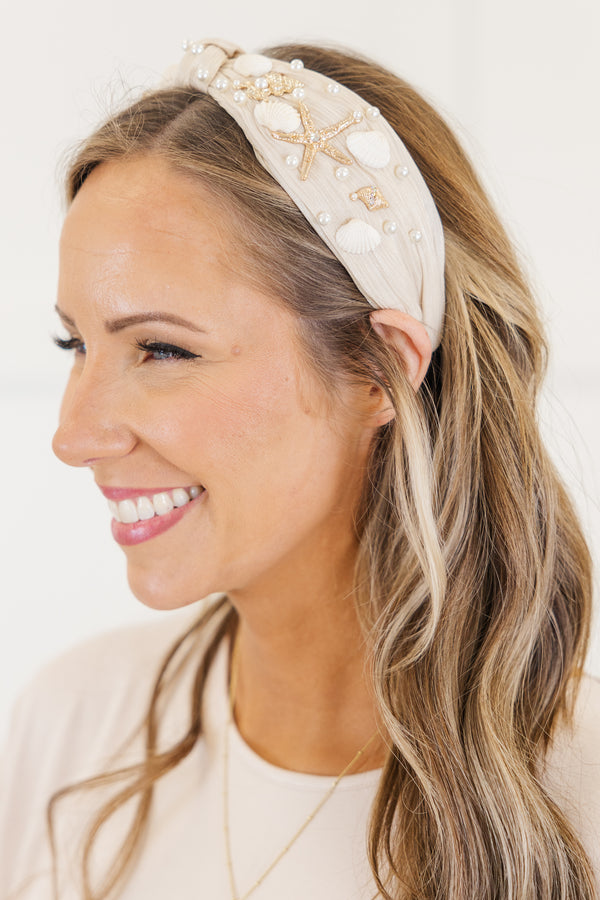 Chic Soul plus size clothing, chunky natural cream headband with a knot in the middle and embroidered with pearls, seashells, and gold accents of sea life 