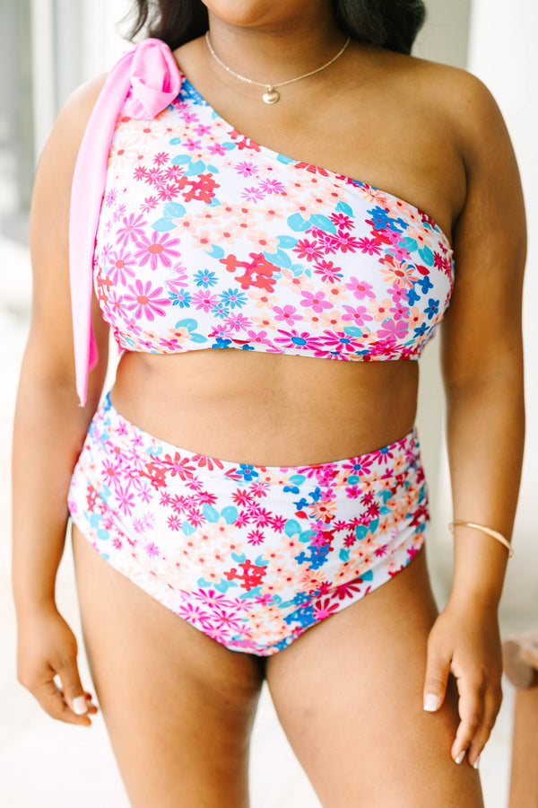 Plus Size one-shoulder fuchsia floral bikini top with a pink tie strap and matching high-waist bottoms.