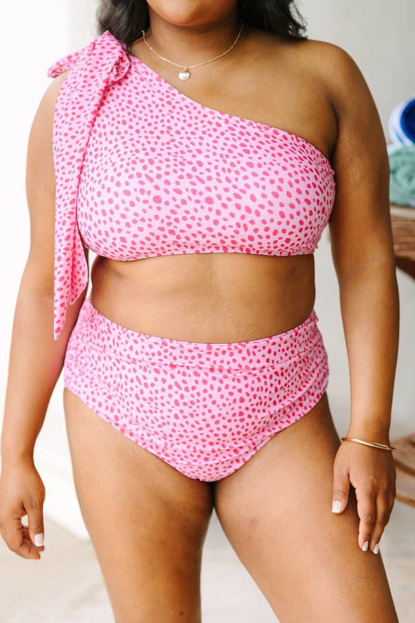 Chic Soul plus size clothing, pink leopard one shoulder swim top with white tie bow detail on he right shoulder 