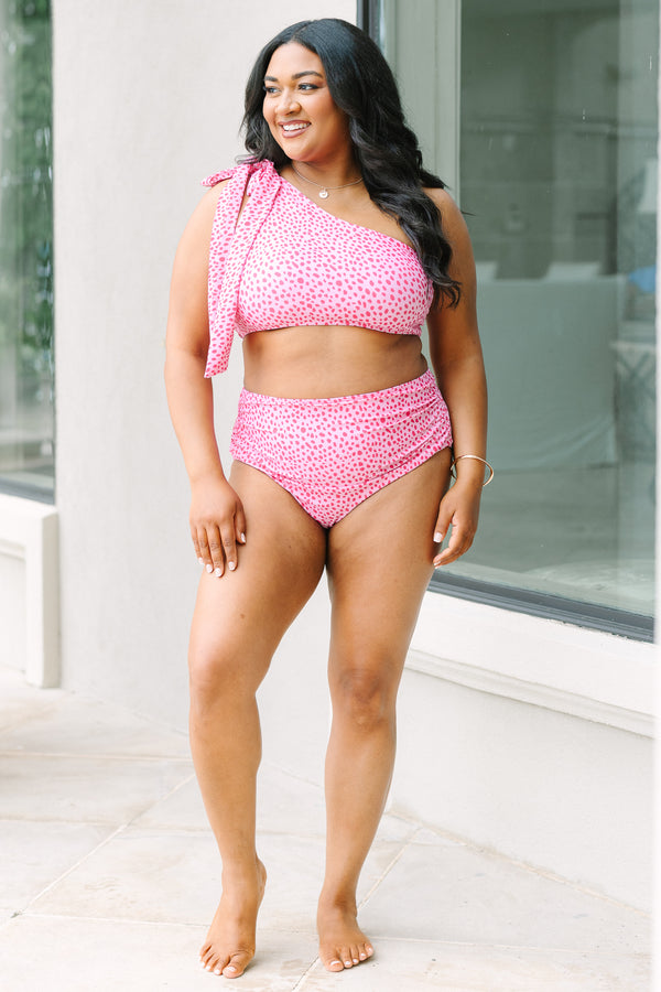 Chic Soul plus size clothing, pink leopard high waisted full coverage swim bottoms with cinched detail on the sides