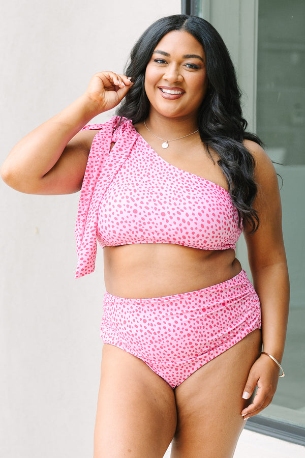 Chic Soul plus size clothing, pink leopard one shoulder swim top with white tie bow detail on he right shoulder 