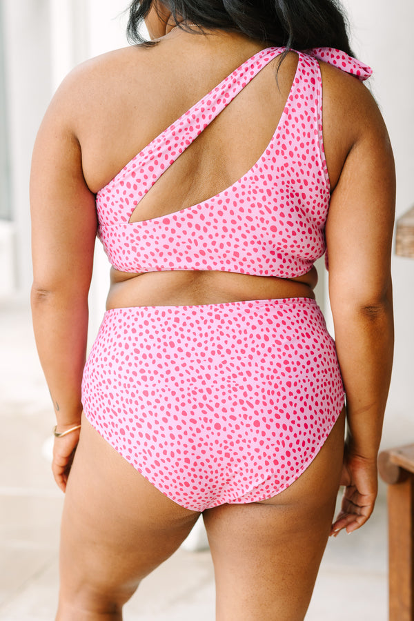 Chic Soul plus size clothing, pink leopard one shoulder swim top with white tie bow detail on he right shoulder 