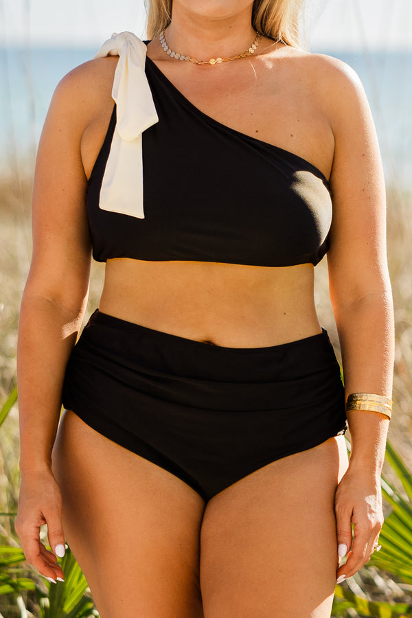 Chic Soul plus size clothing, black one shoulder swim top with white tie bow detail on he right shoulder 