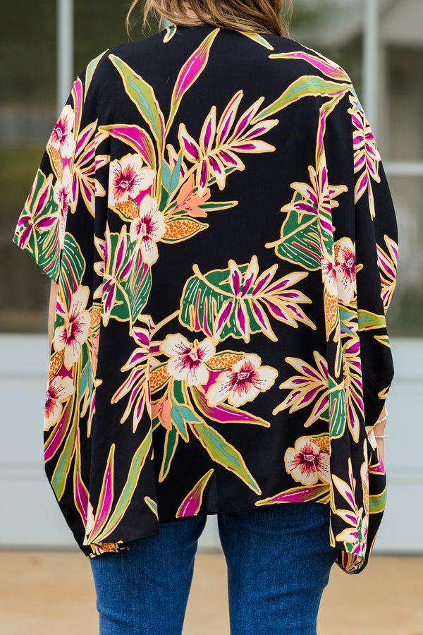 Chic Soul plus size clothing, short sleeve black kimono with yellow, green, and purple tropical floral details