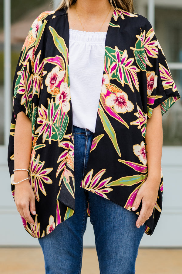 Chic Soul plus size clothing, short sleeve black kimono with yellow, green, and purple tropical floral details