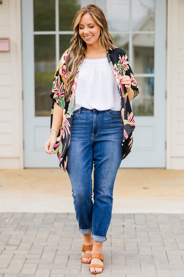 Chic Soul plus size clothing, short sleeve black kimono with yellow, green, and purple tropical floral details