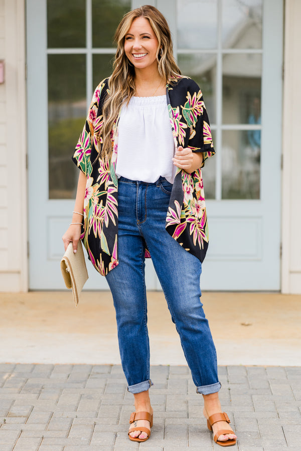 Chic Soul plus size clothing, short sleeve black kimono with yellow, green, and purple tropical floral details