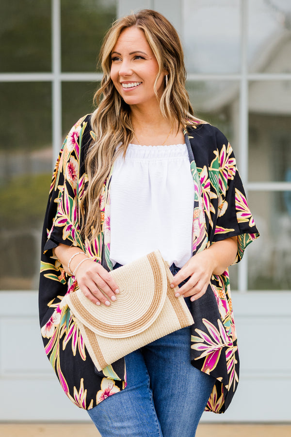 Chic Soul plus size clothing, short sleeve black kimono with yellow, green, and purple tropical floral details