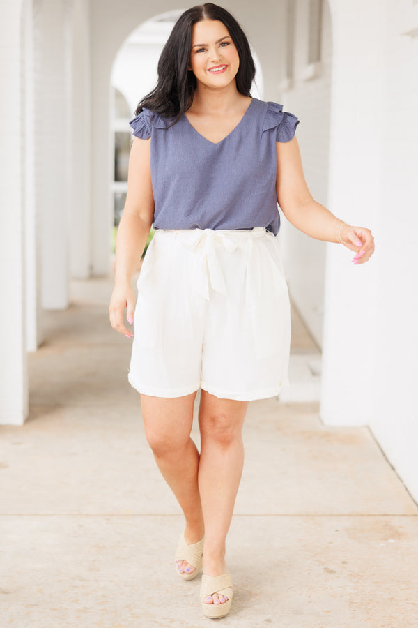 Chic Soul plus size clothing, cream white paperbag style shorts with tie at waist