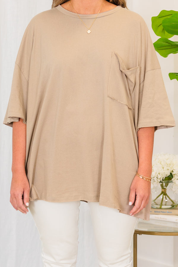 Chic Soul plus size clothing, ash mocha short sleeve baggy tee with chest pocket