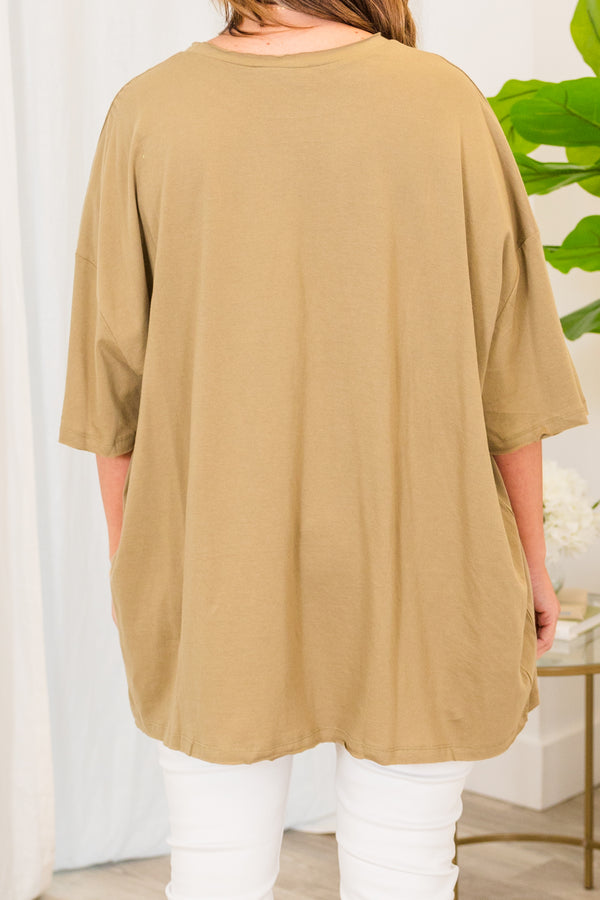 Chic Soul plus size clothing, khaki short sleeve baggy tshirt with chest pocket