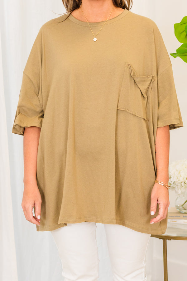 Chic Soul plus size clothing, khaki short sleeve baggy tshirt with chest pocket
