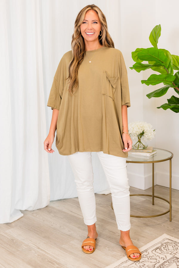 Chic Soul plus size clothing, khaki short sleeve baggy tshirt with chest pocket