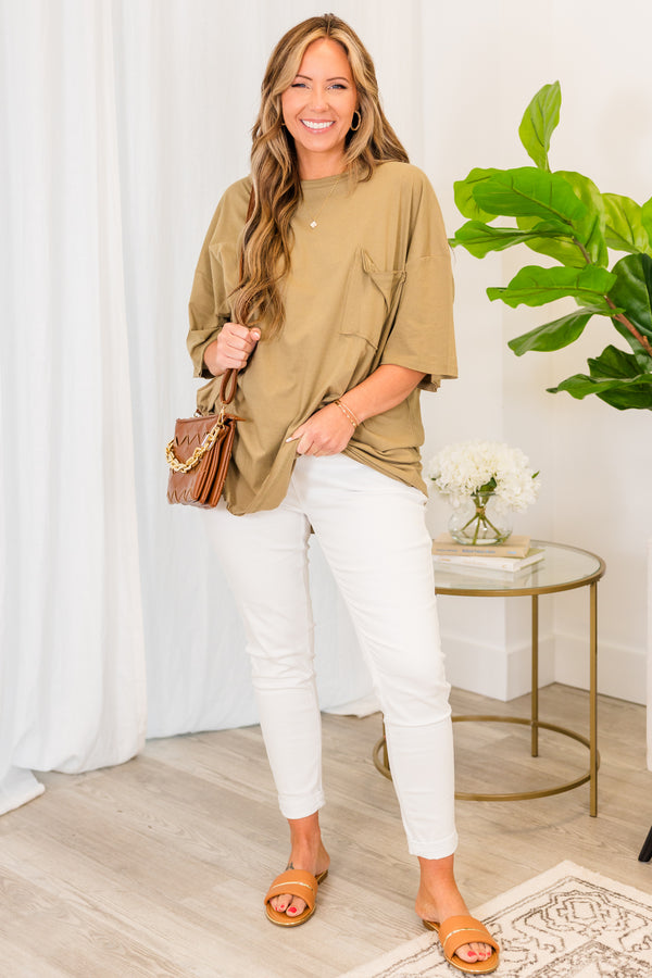 Chic Soul plus size clothing, khaki short sleeve baggy tshirt with chest pocket