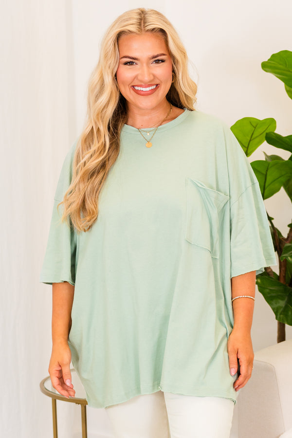 Chic Soul plus size clothing, light green short sleeve baggy tshirt with chest pocket