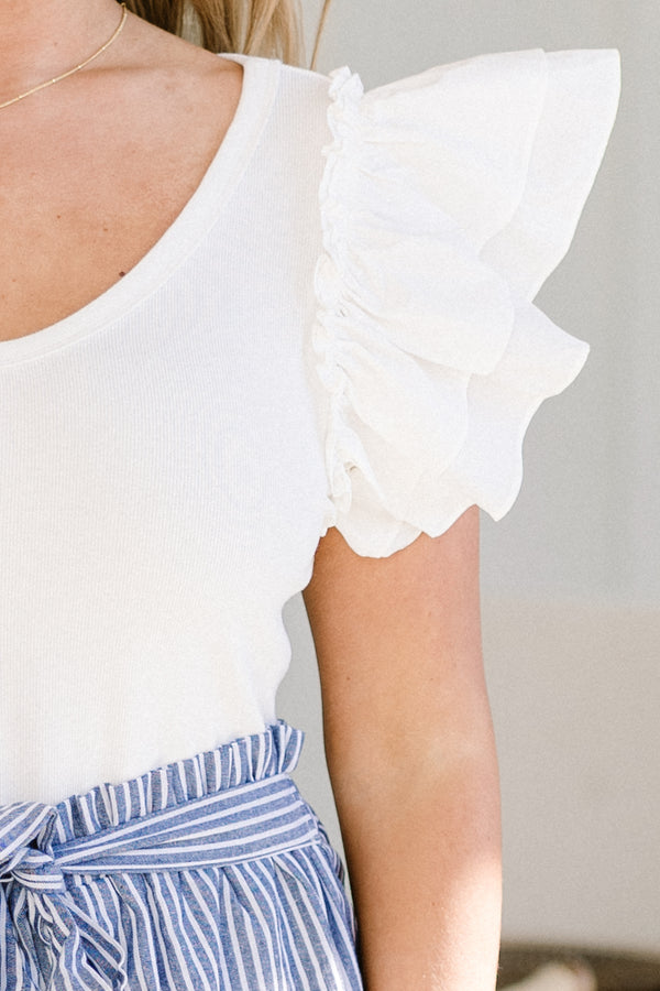 Chic Soul plus size clothing, short-flutter-sleeve off-white top with a subtle v-neckline 