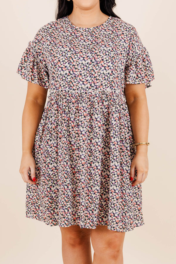 Chic Soul plus size clothing, black mini dress with floral print with short ruffle sleeves