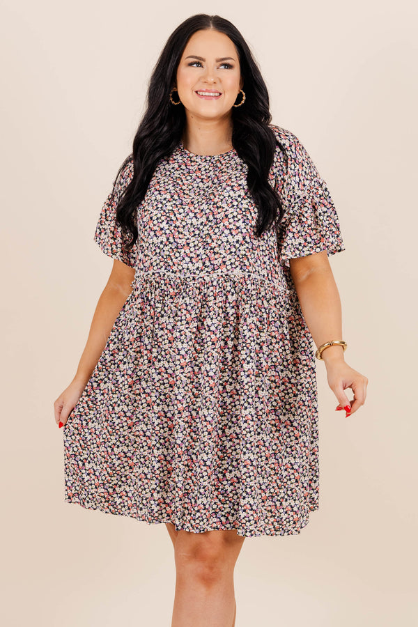 Chic Soul plus size clothing, black mini dress with floral print with short ruffle sleeves 