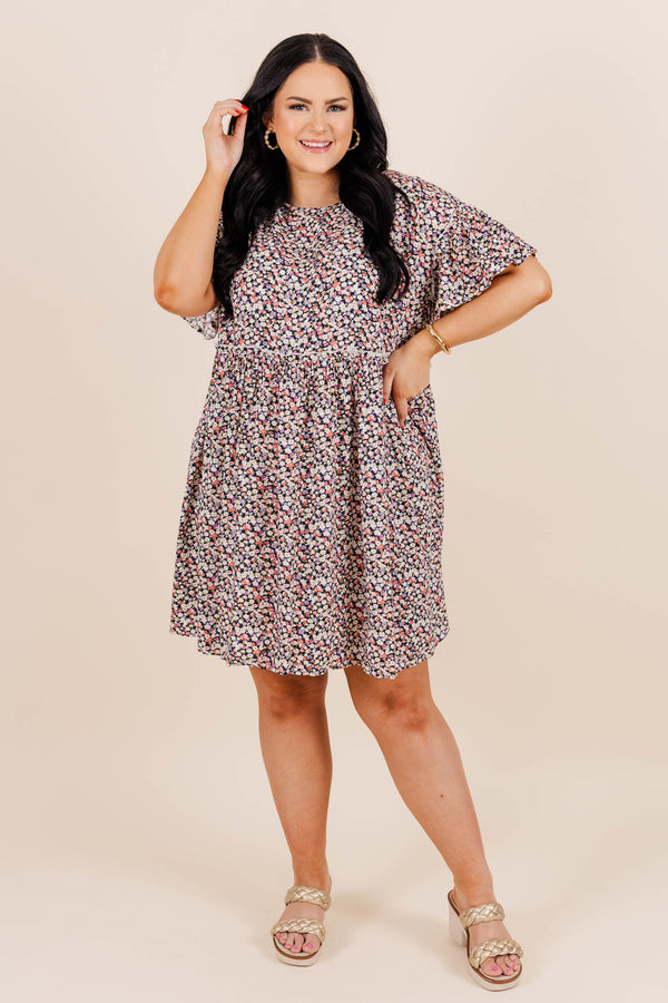 Chic Soul plus size clothing, black mini dress with floral print with short ruffle sleeves